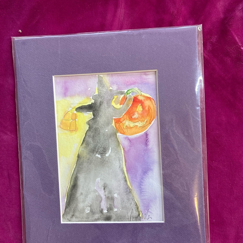 Witch And Pumpkin An Original Watercolor Painting Matted 5"x7" Handmade